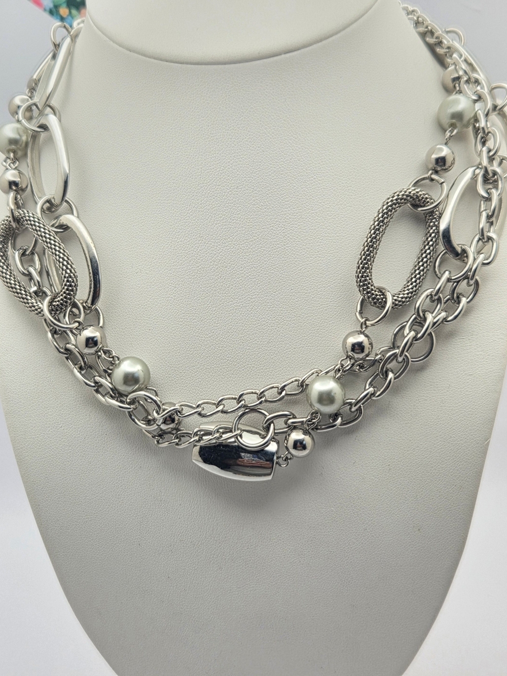 Premiere Designs Silver Tone Layered Chain Faux Pearl Statement Necklace 20"